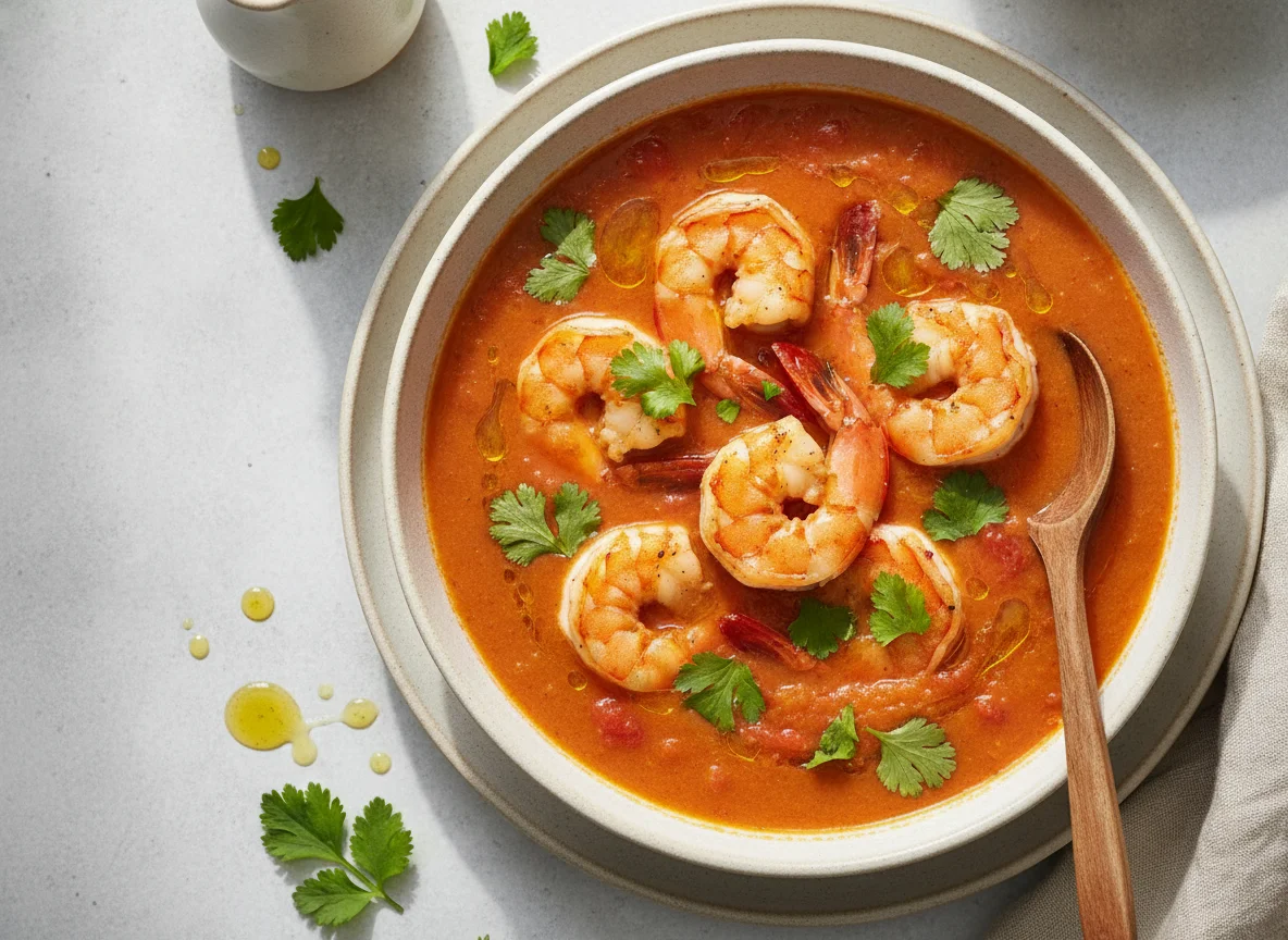 Tomatensuppe mit Garnelen und Kräutern photo