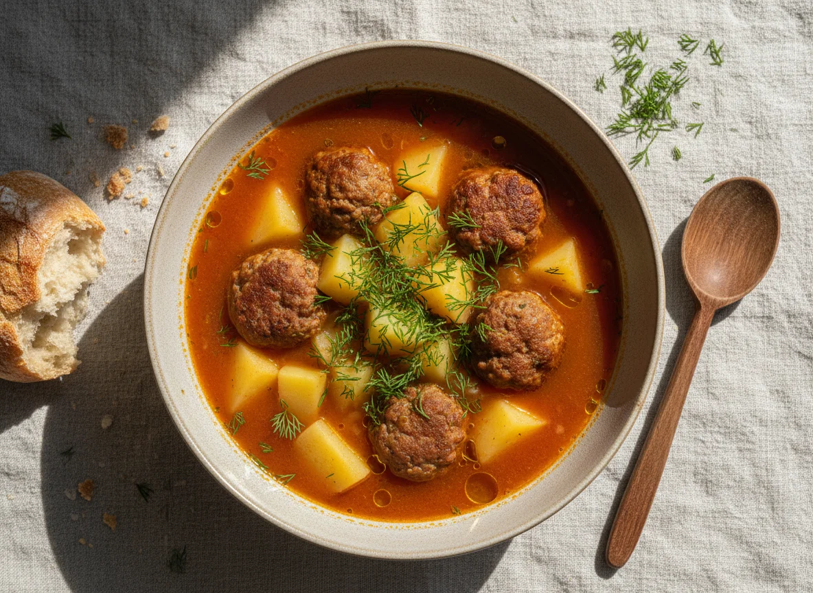 Tomatensuppe mit Kartoffeln und Fleischbällchen photo