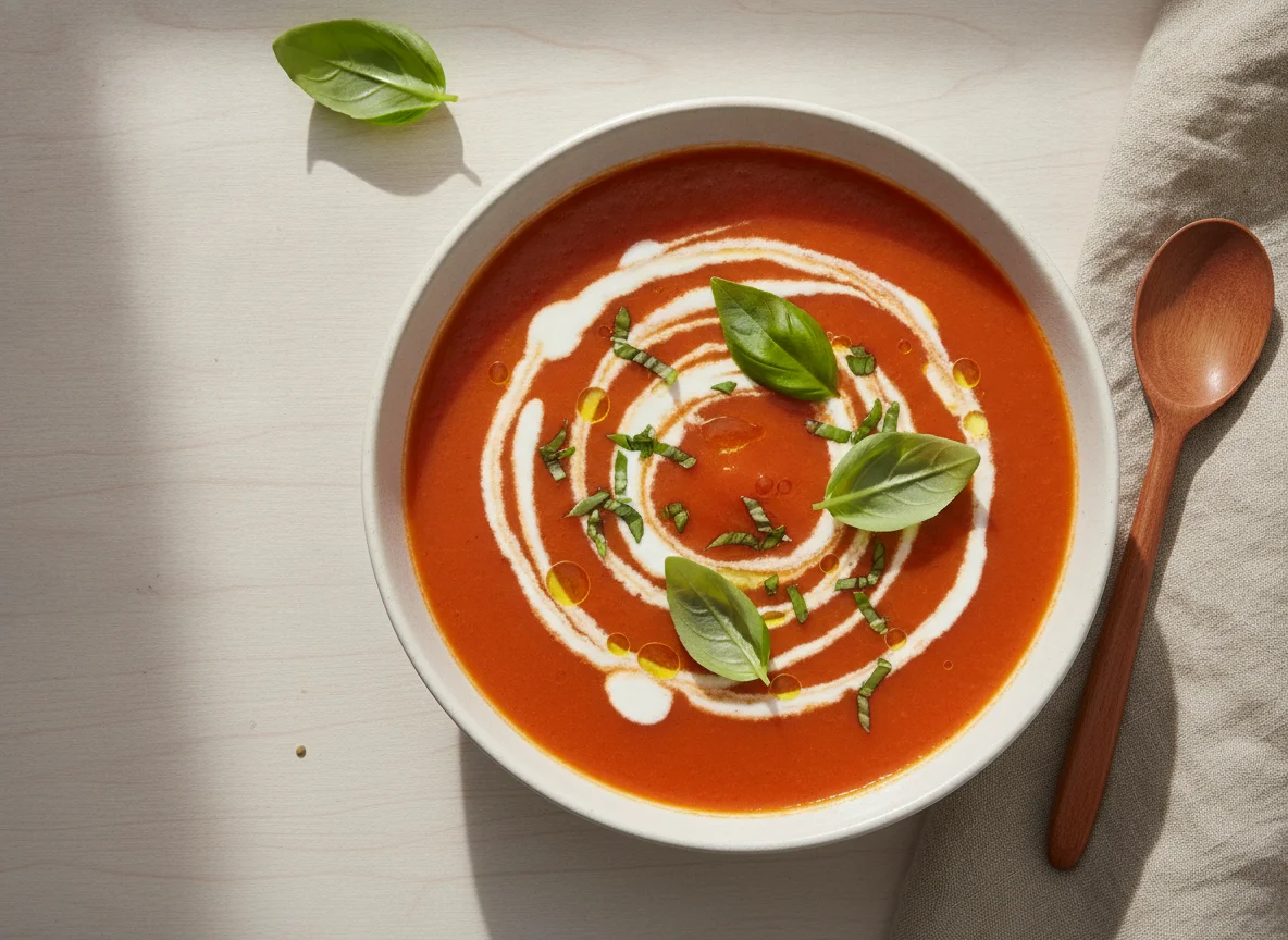 Tomatensuppe mit Sahne und Basilikum photo