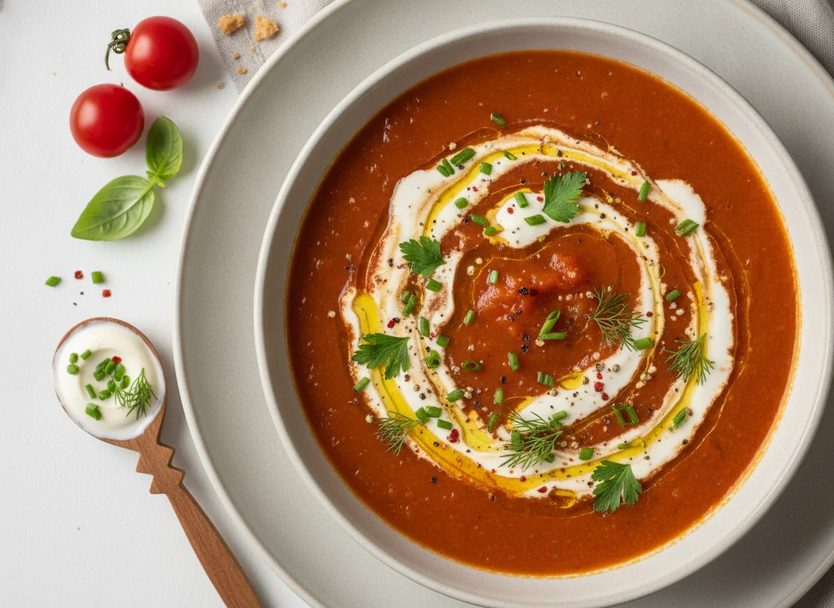 Tomatensuppe mit Sahne und Kräutern photo