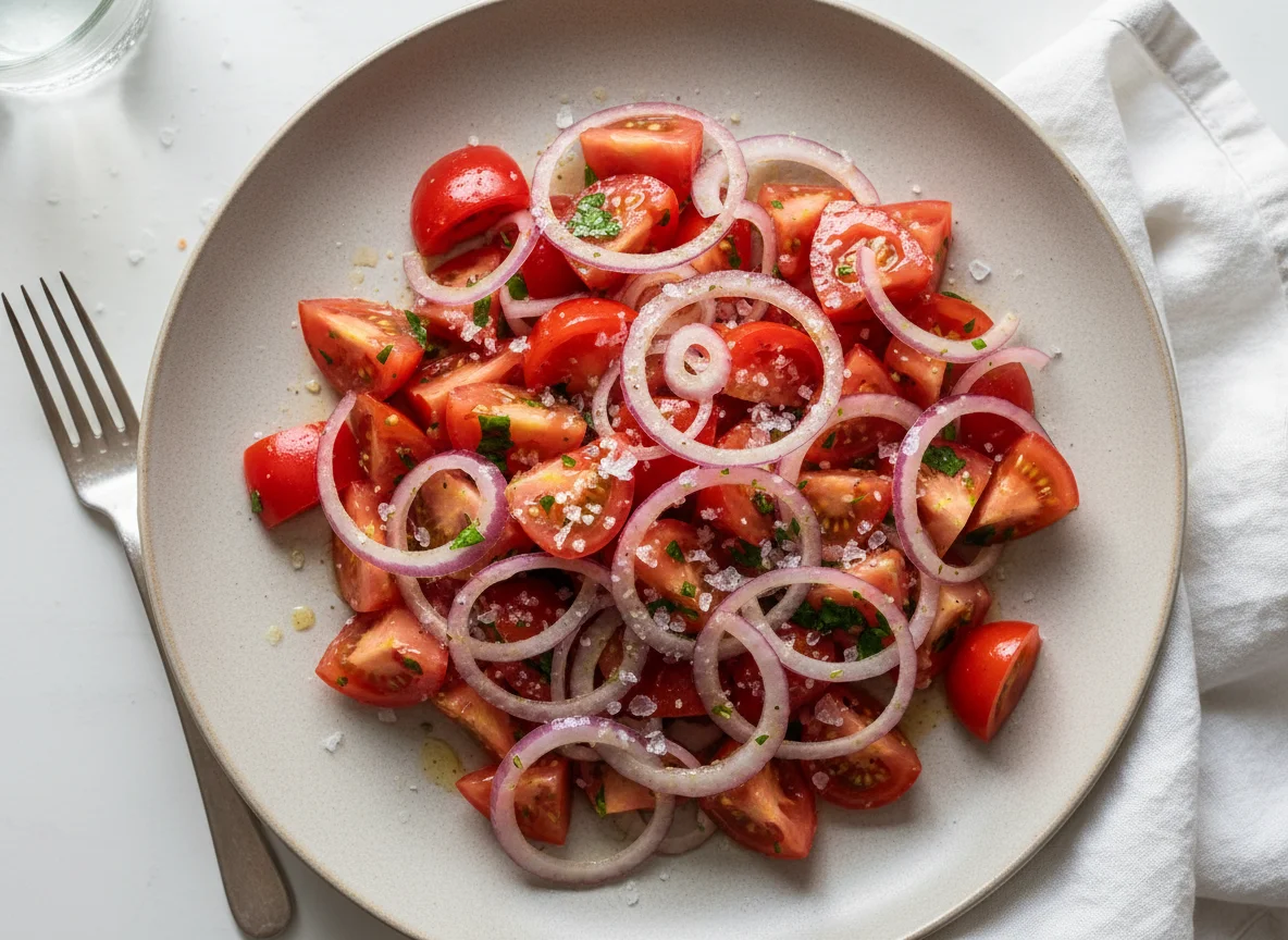 Tomaten-Zwiebel-Salat mit Dressing photo