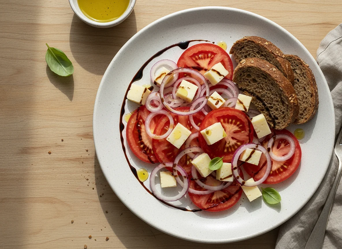 Tomaten-Zwiebel-Salat mit Käse und Brot photo