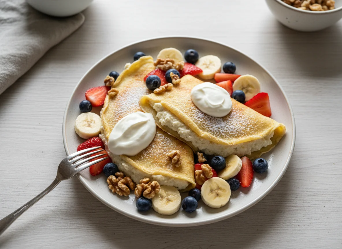 Topfenpalatschinken mit Früchten und Nüssen photo