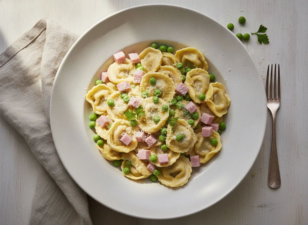 Tortellini alla Panna mit Schinken und Erbsen photo