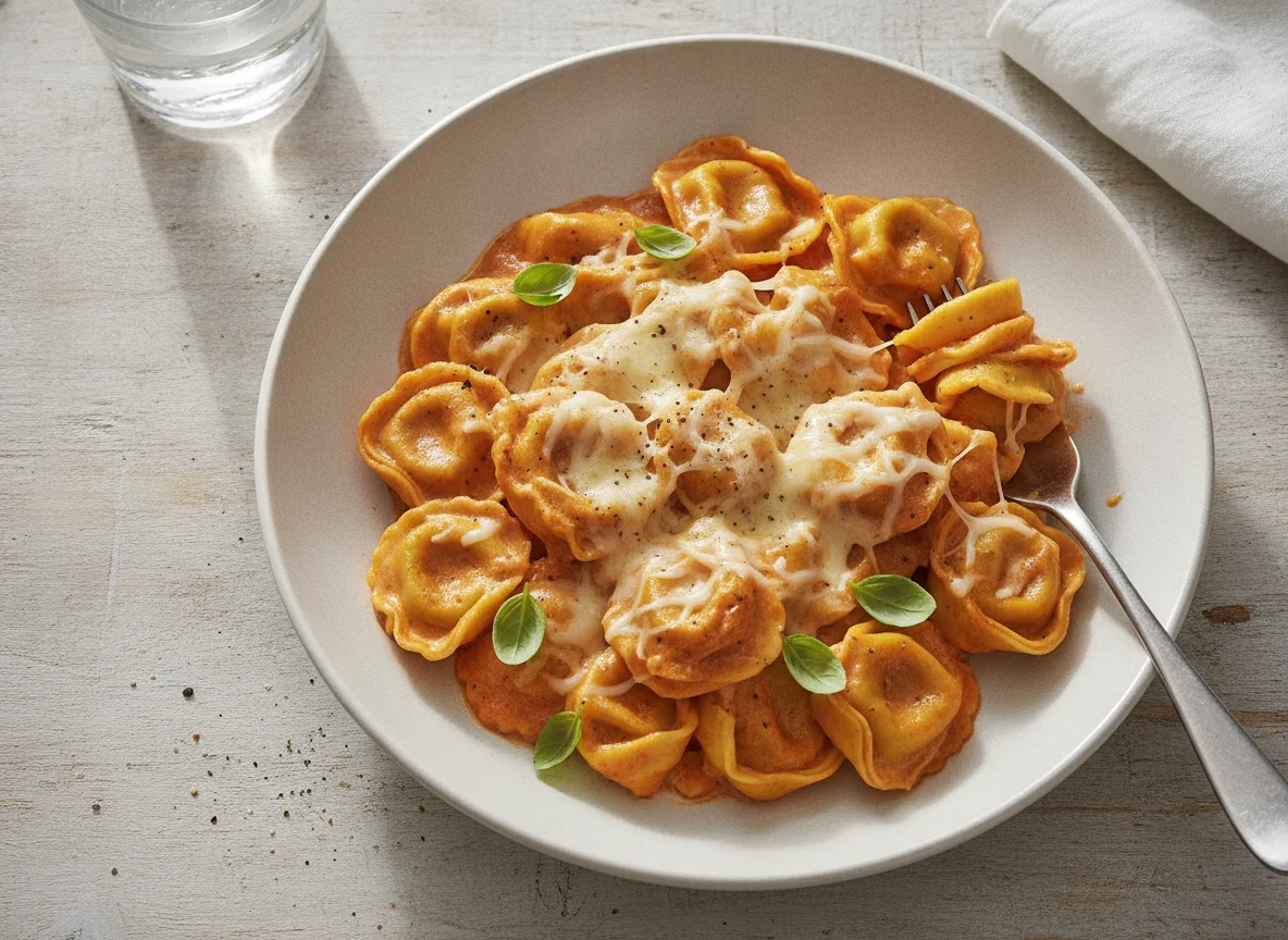 Tortellini in Tomaten-Sahnesauce mit Käse photo