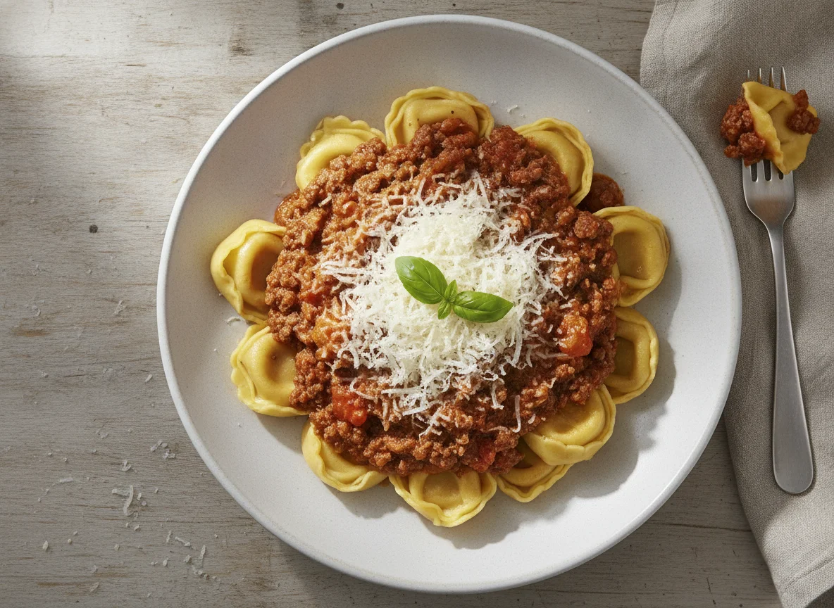 Tortellini mit Bolognese-Sauce und Parmesan photo