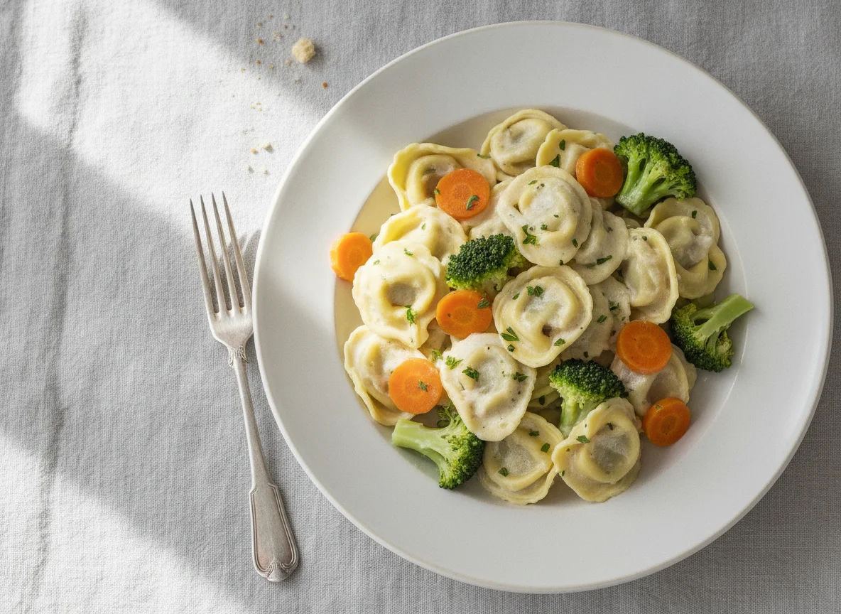 Tortellini mit Brokkoli und Karotten in Sahnesauce photo
