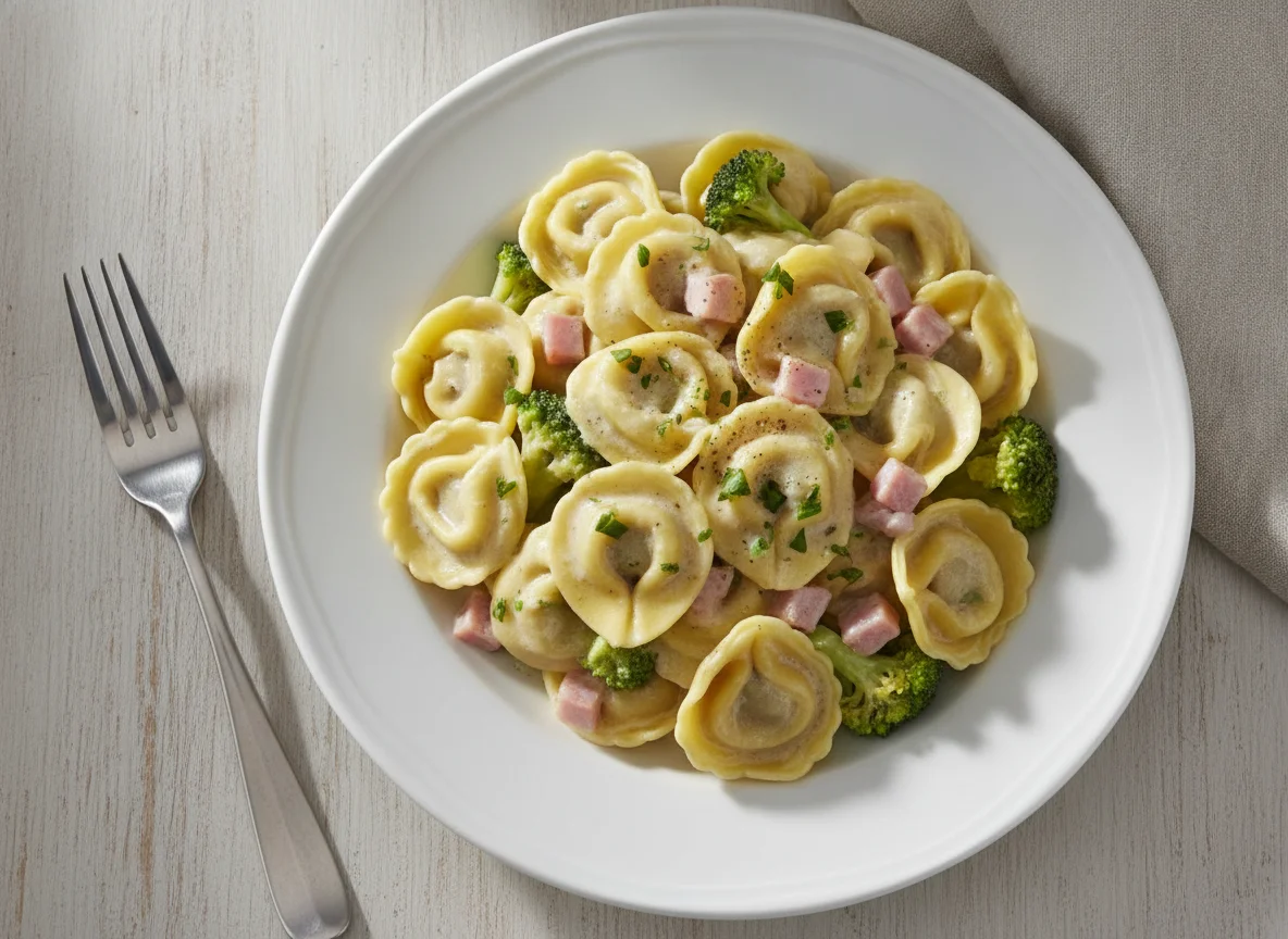 Tortellini mit Brokkoli und Schinken in Sahnesoße photo