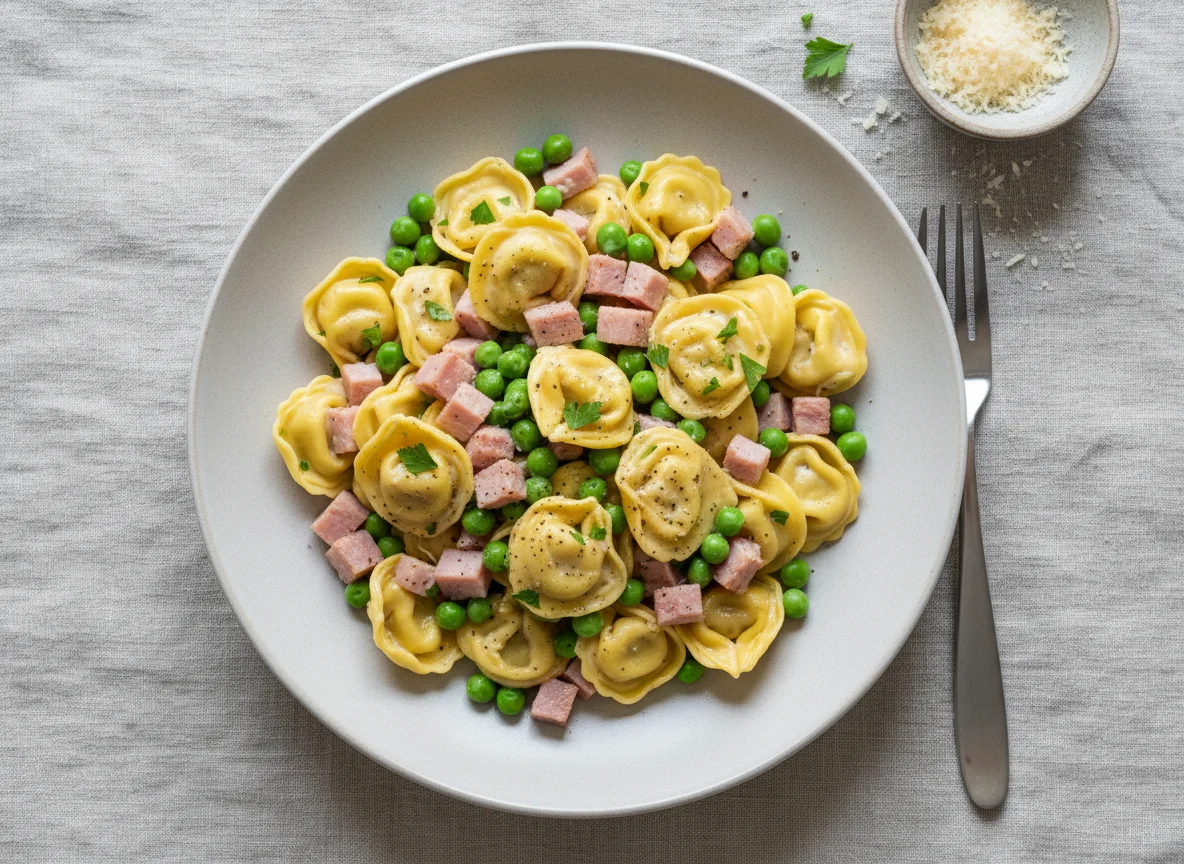 Tortellini mit Erbsen und Schinken photo