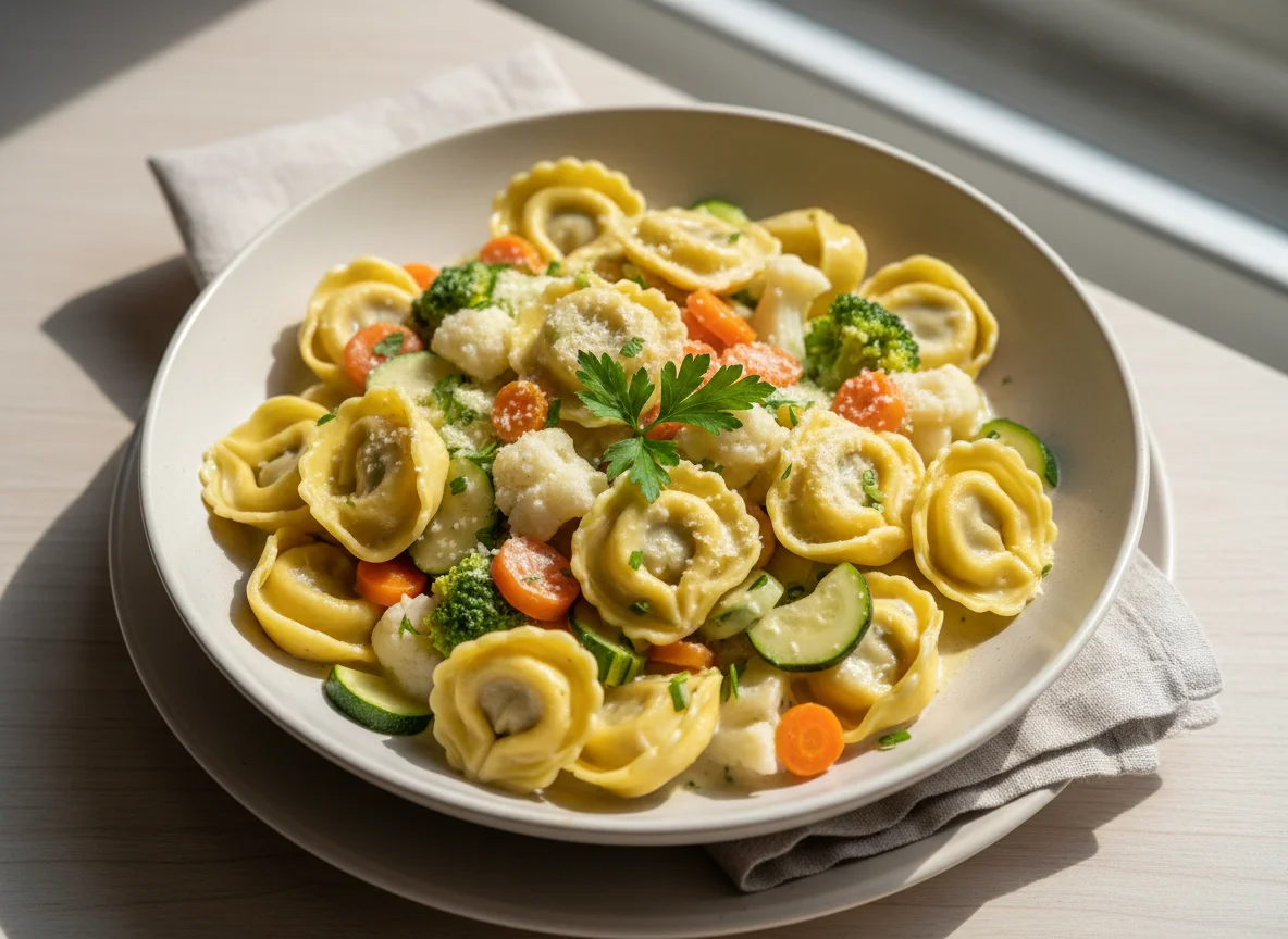 Tortellini mit Gemüse in Sahnesauce photo
