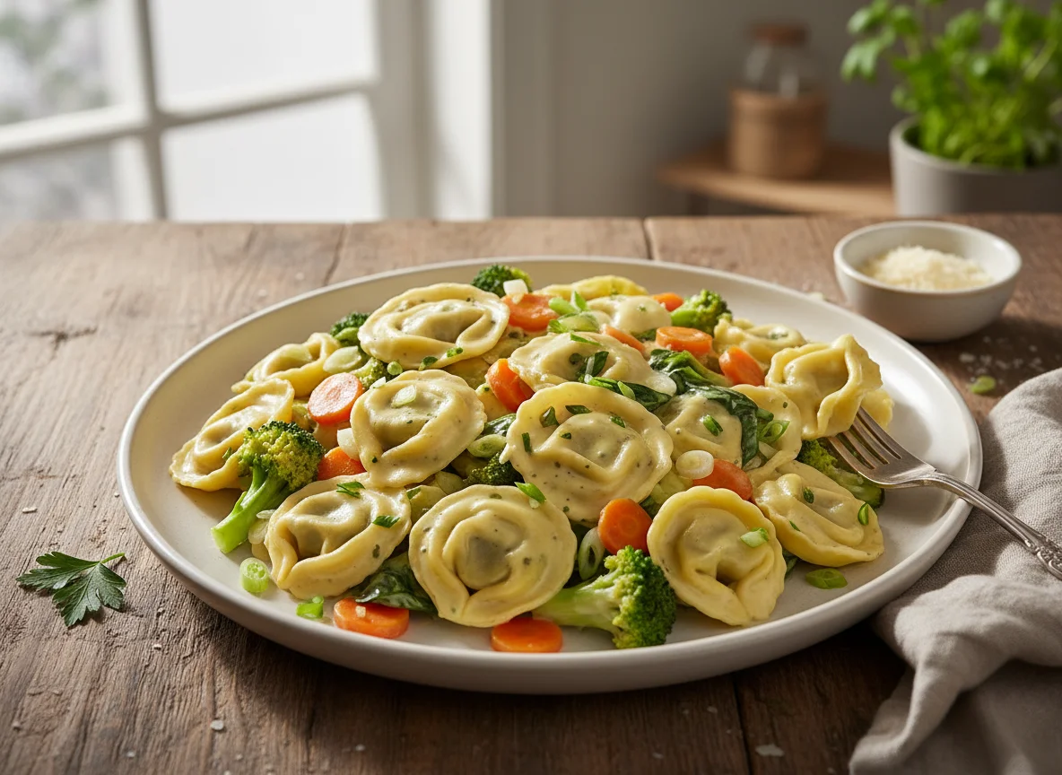 Tortellini mit Gemüse und Sahnesauce photo