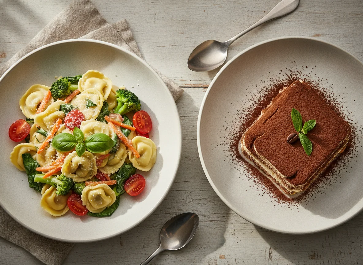 Tortellini mit Gemüse und Tiramisu photo