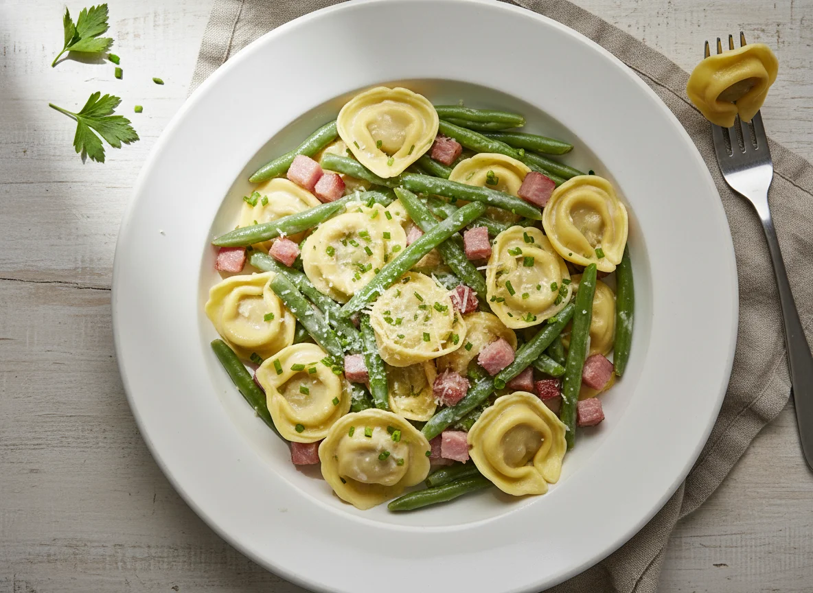 Tortellini mit grünen Bohnen und Schinkenwürfeln photo