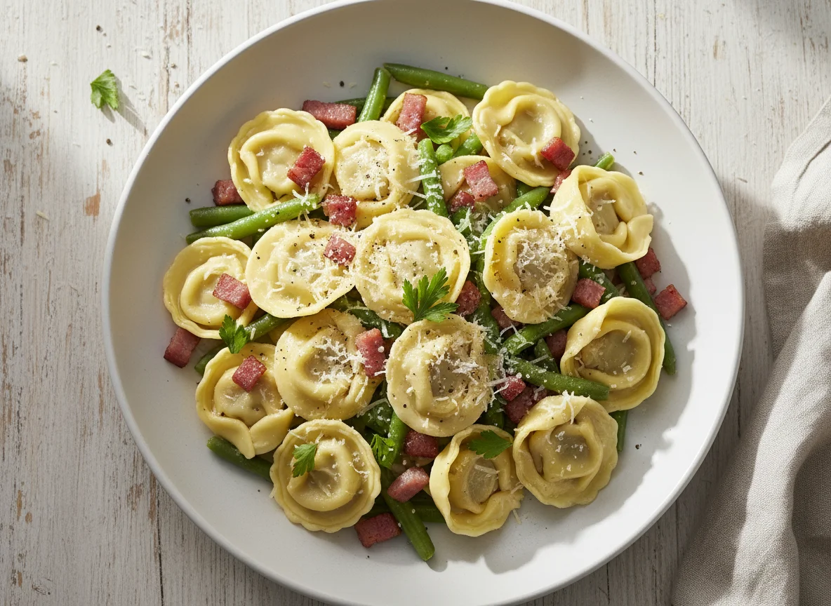 Tortellini mit grünen Bohnen und Speck photo