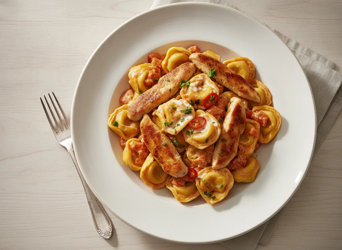 Tortellini mit Hähnchen in Tomaten-Sahnesauce photo