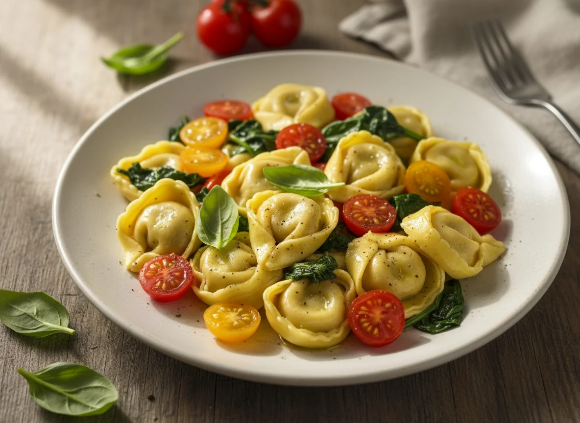 Tortellini mit Kirschtomaten und Spinat photo