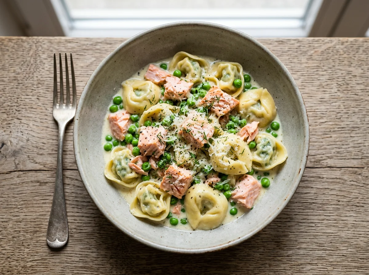 Tortellini mit Lachs und Erbsen in Sahnesauce photo