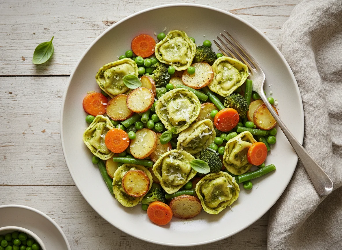 Tortellini mit Pesto und Gemüsemischung photo