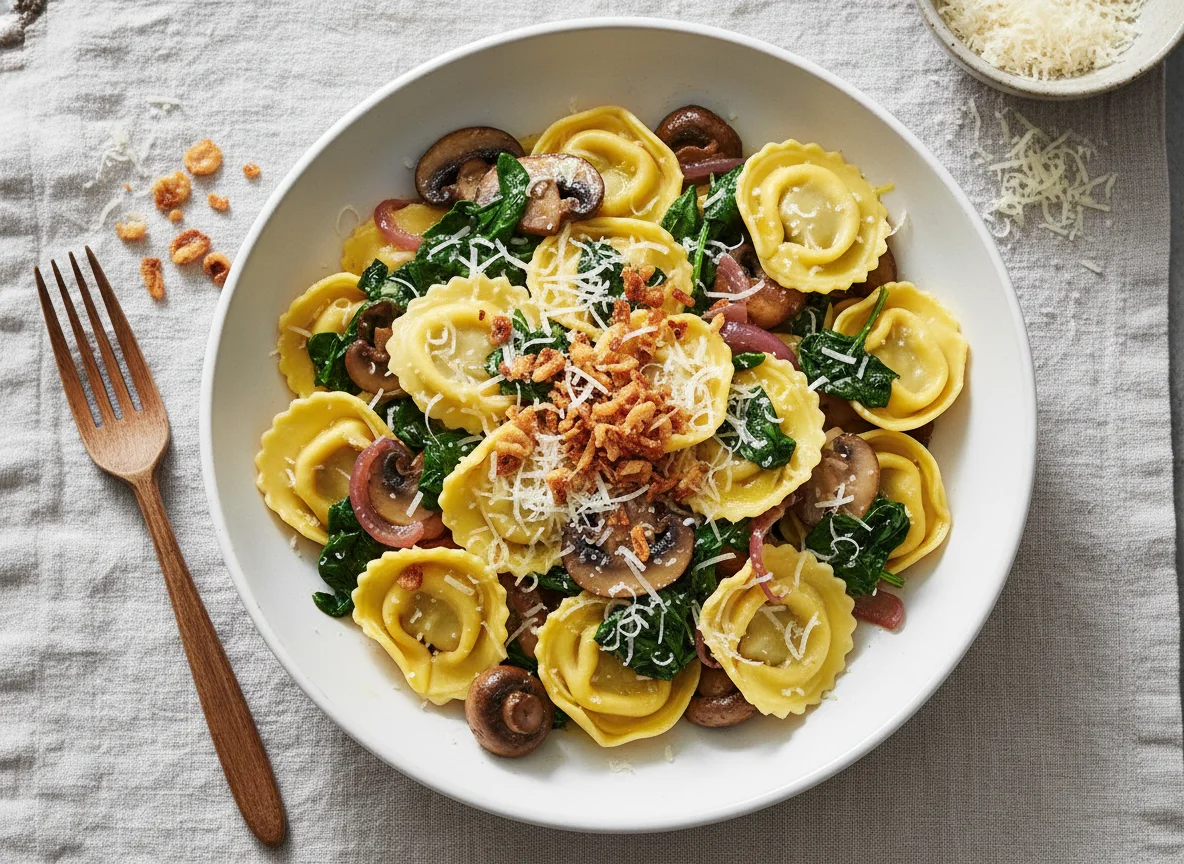 Tortellini mit Pilzen und Spinat photo