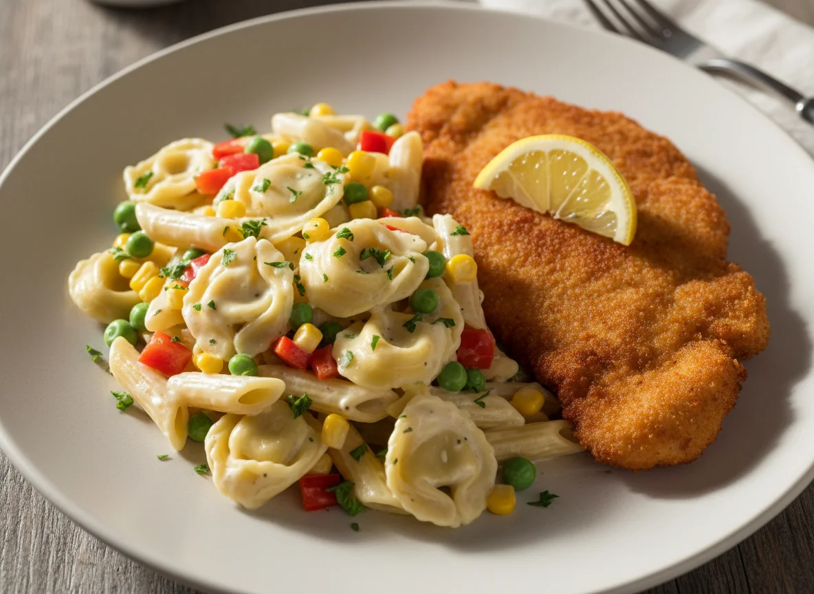 Tortellini mit Sahnesauce, Nudeln, Gemüse und paniertem Schnitzel photo