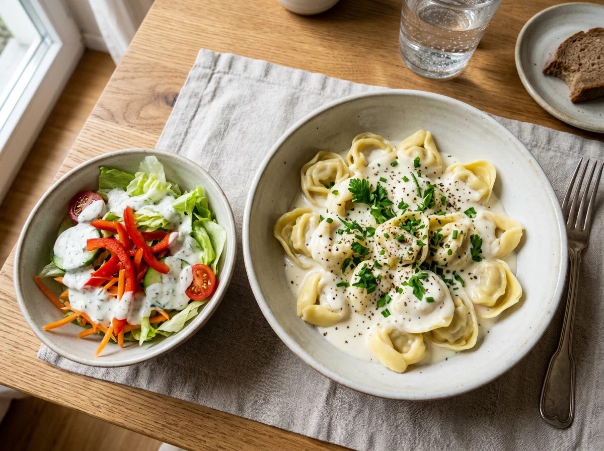 Tortellini mit Sahnesauce und Beilagensalat photo