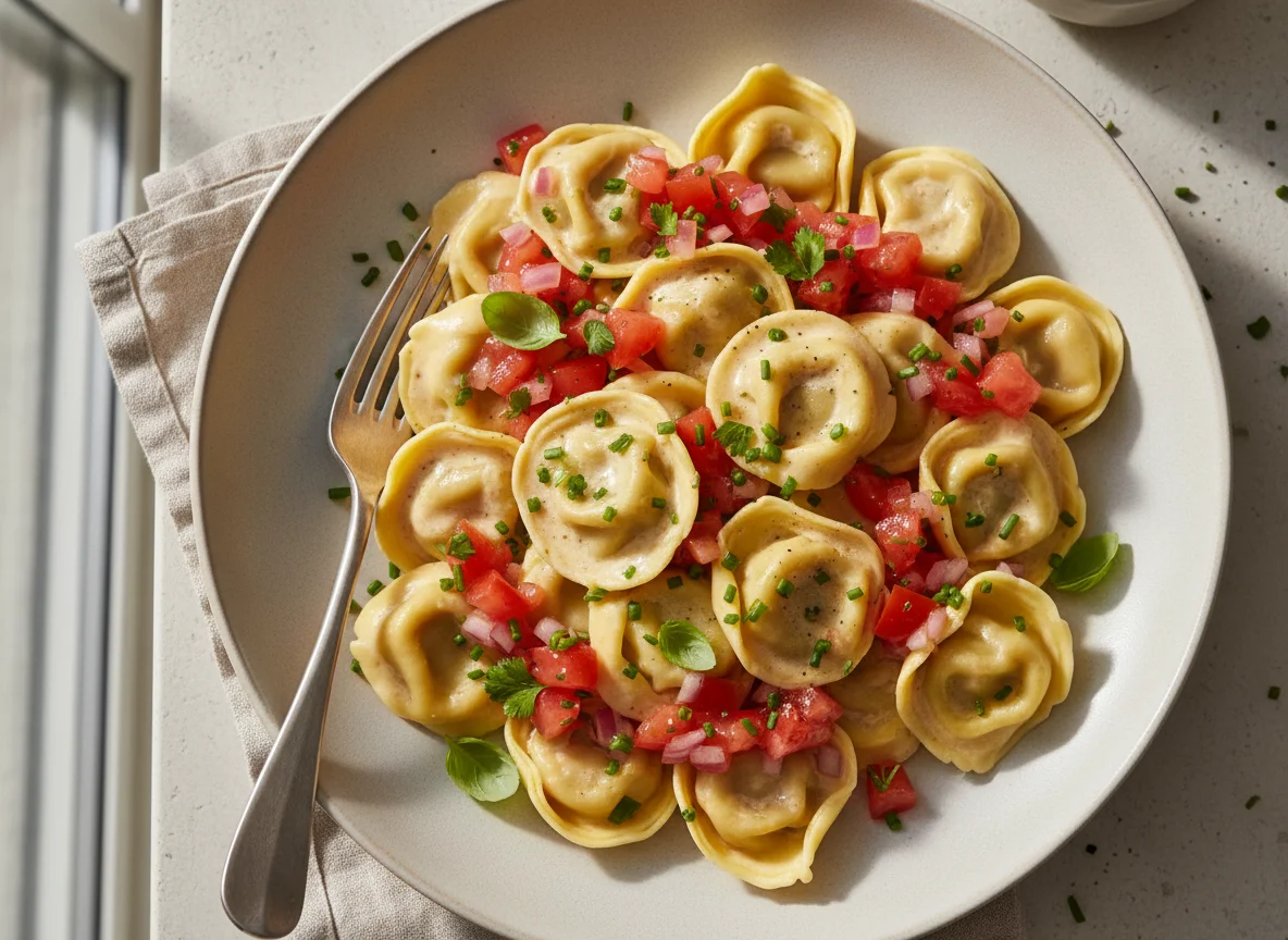 Tortellini mit Sahnesauce und Tomatensalsa photo