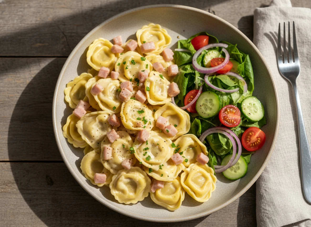Tortellini mit Schinken-Sahne-Sauce und Beilagensalat photo