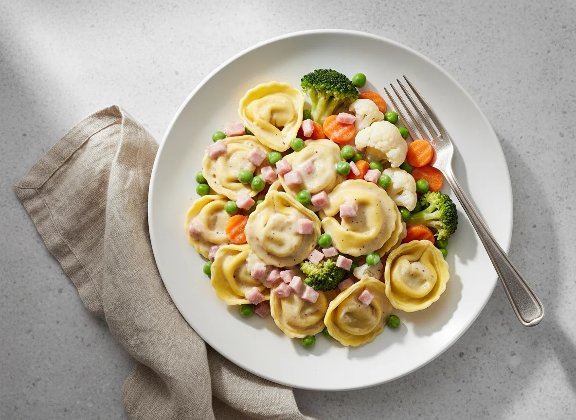 Tortellini mit Schinken-Sahnesauce und Gemüse photo