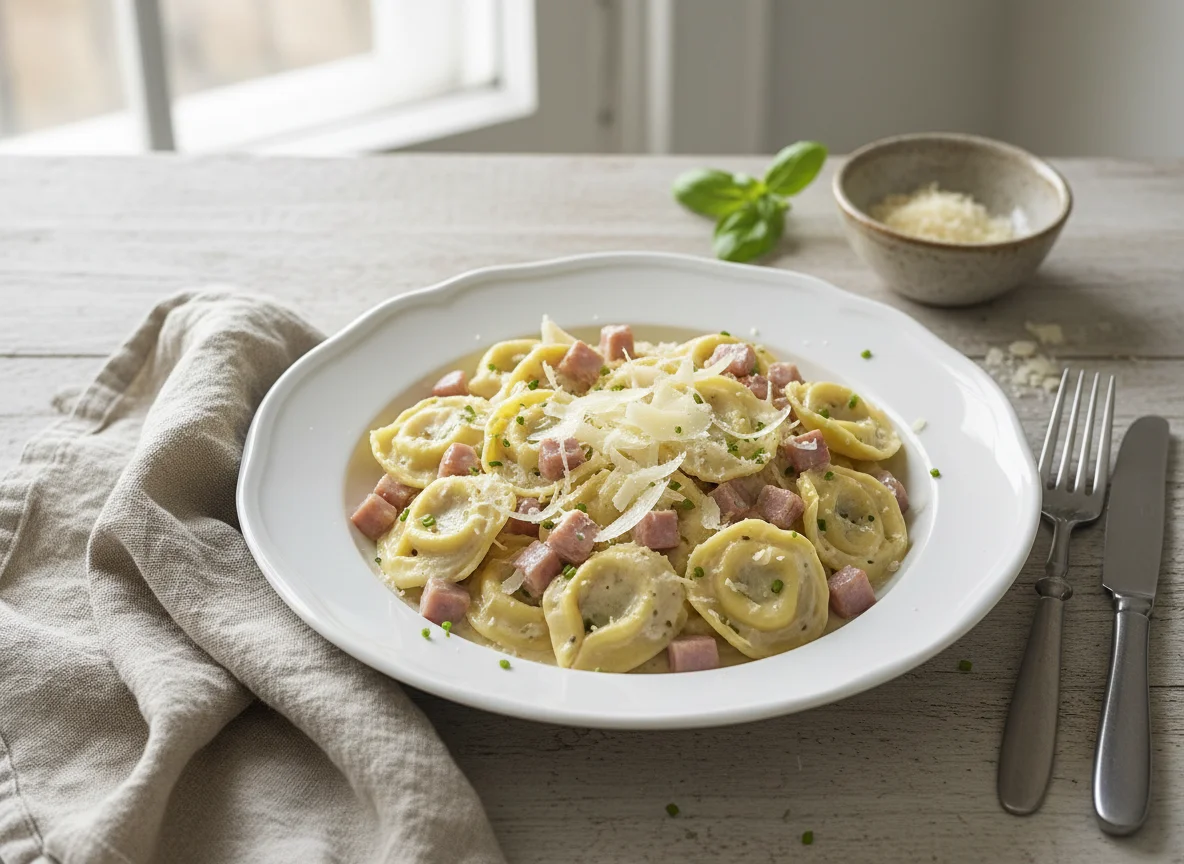Tortellini mit Schinken-Sahne-Sauce und Parmesan photo