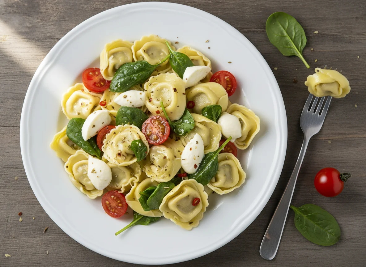 Tortellini mit Spinat, Tomaten und Käse photo