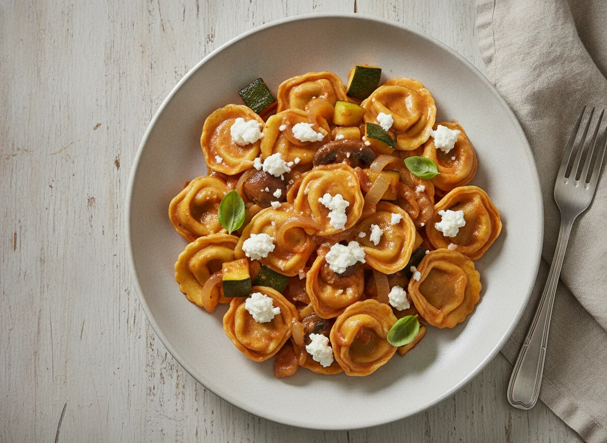 Tortellini mit Tomaten-Frischkäse-Sauce und Gemüse photo