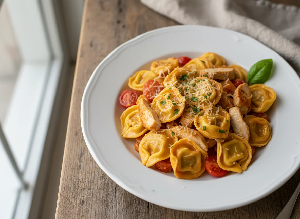 Tortellini mit Tomaten-Sahne-Sauce und Hähnchen photo