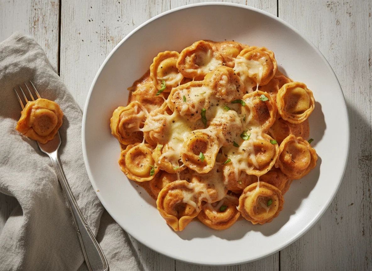 Tortellini mit Tomaten-Sahnesauce und Käse photo