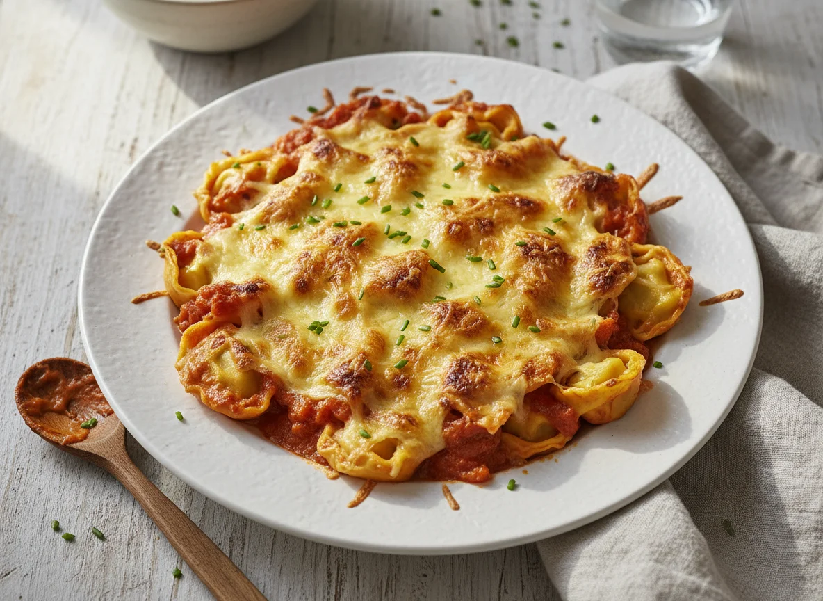 Tortellini mit Tomaten-Sahne-Sauce und Käse überbacken photo