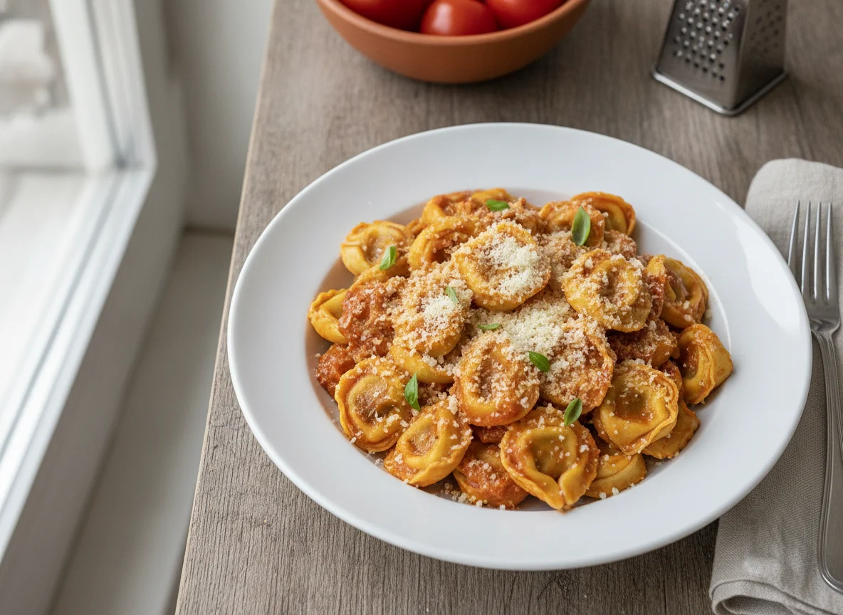 Tortellini mit Tomaten-Sahnesauce und Parmesan photo