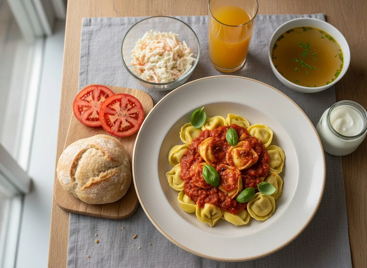Tortellini mit Tomatensauce und Beilagen photo