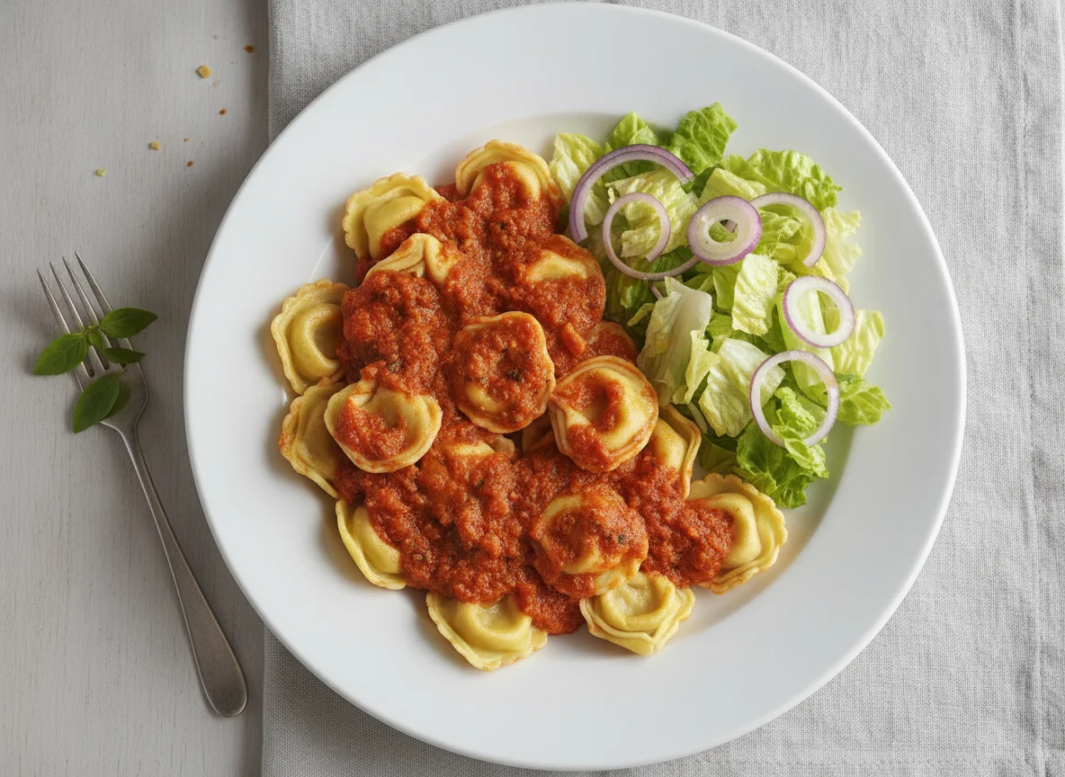 Tortellini mit Tomatensauce und Beilagensalat photo
