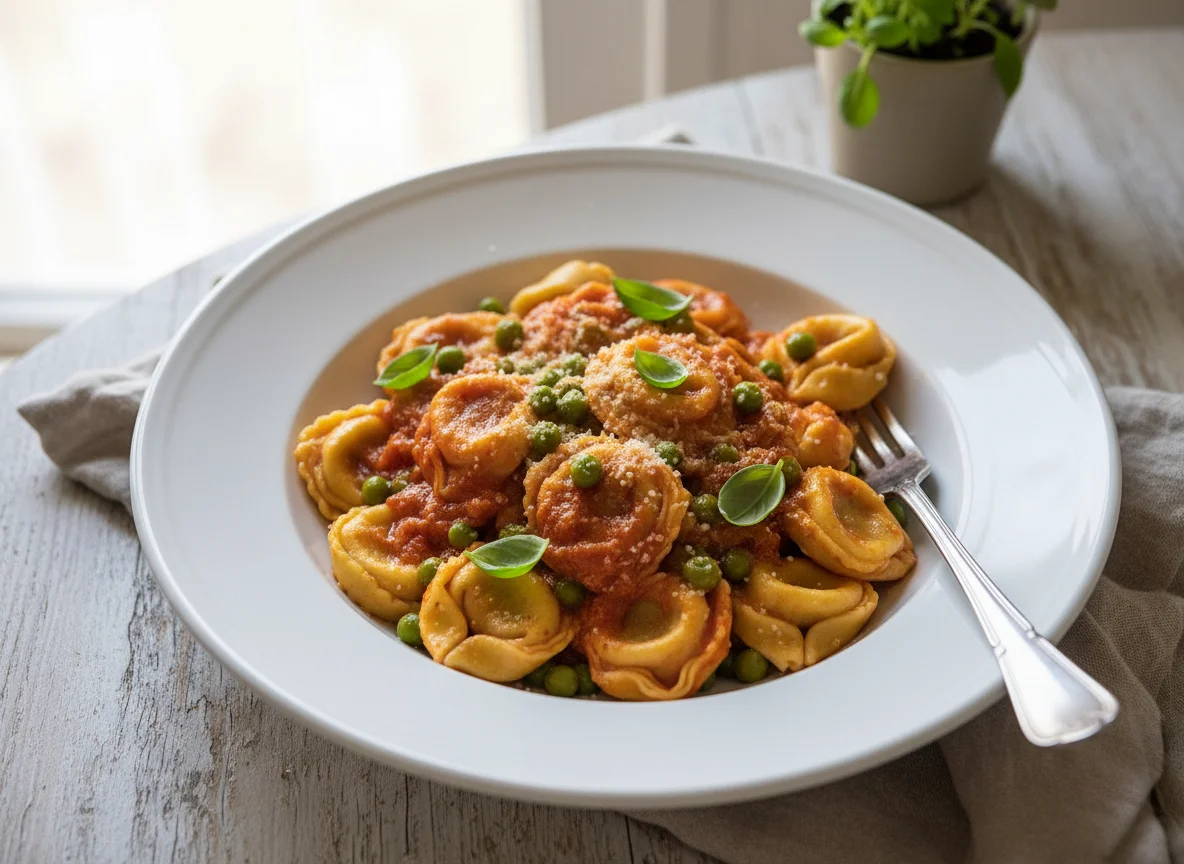 Tortellini mit Tomatensauce und Erbsen photo