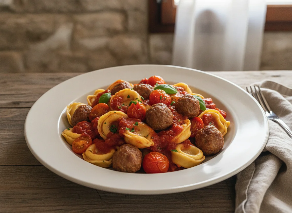 Tortellini mit Tomatensauce und Fleischbällchen photo