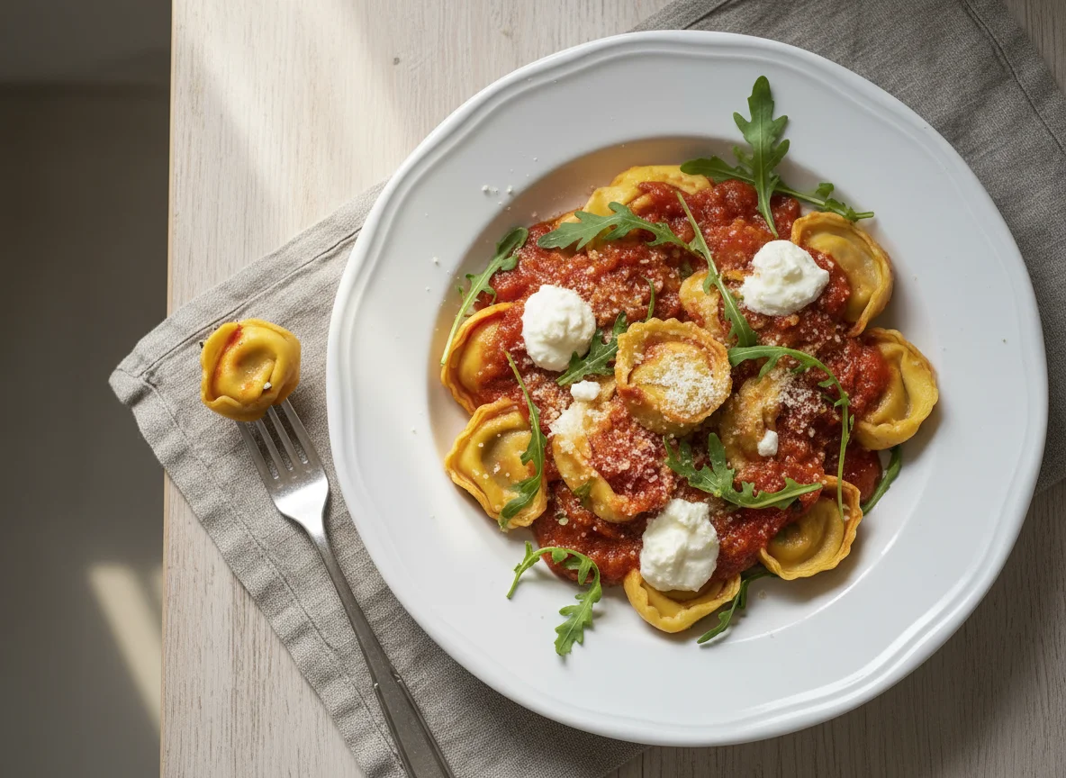 Tortellini mit Tomatensauce und Rucola photo