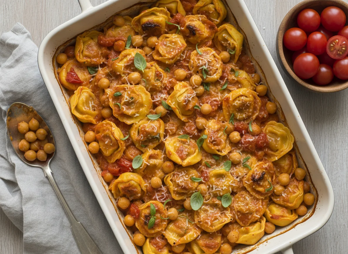 Tortellini-Auflauf mit Kichererbsen und Tomatensauce photo