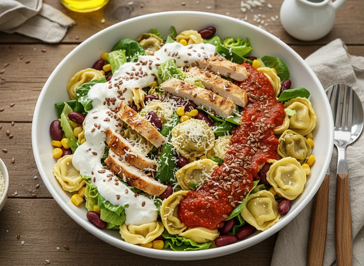 Tortellini-Salat mit Hähnchen und Saucen photo