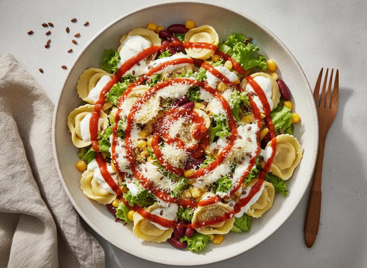 Tortellini-Salat mit Saucen und Leinsamen photo
