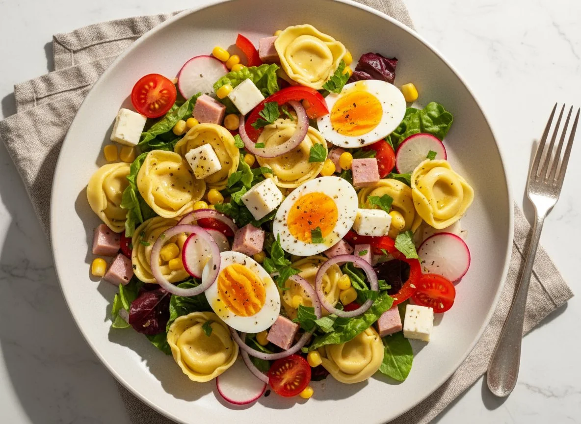 Tortellini-Salat mit Schinken und Ei photo