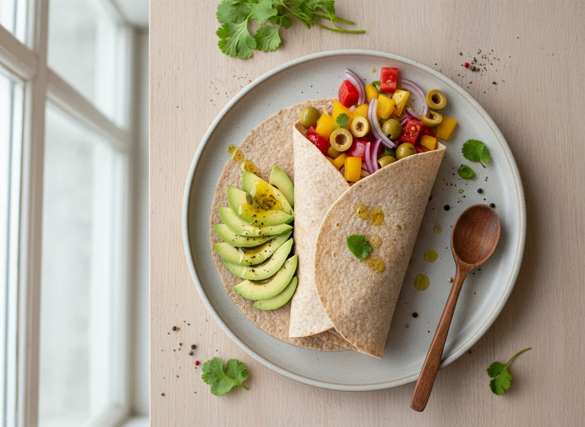 Tortilla mit Avocado und Paprika-Tomaten-Gemüse photo