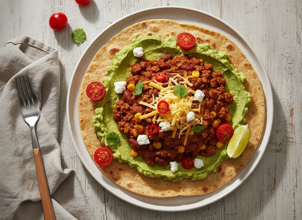 Tortilla mit Chili con Carne und Käse photo