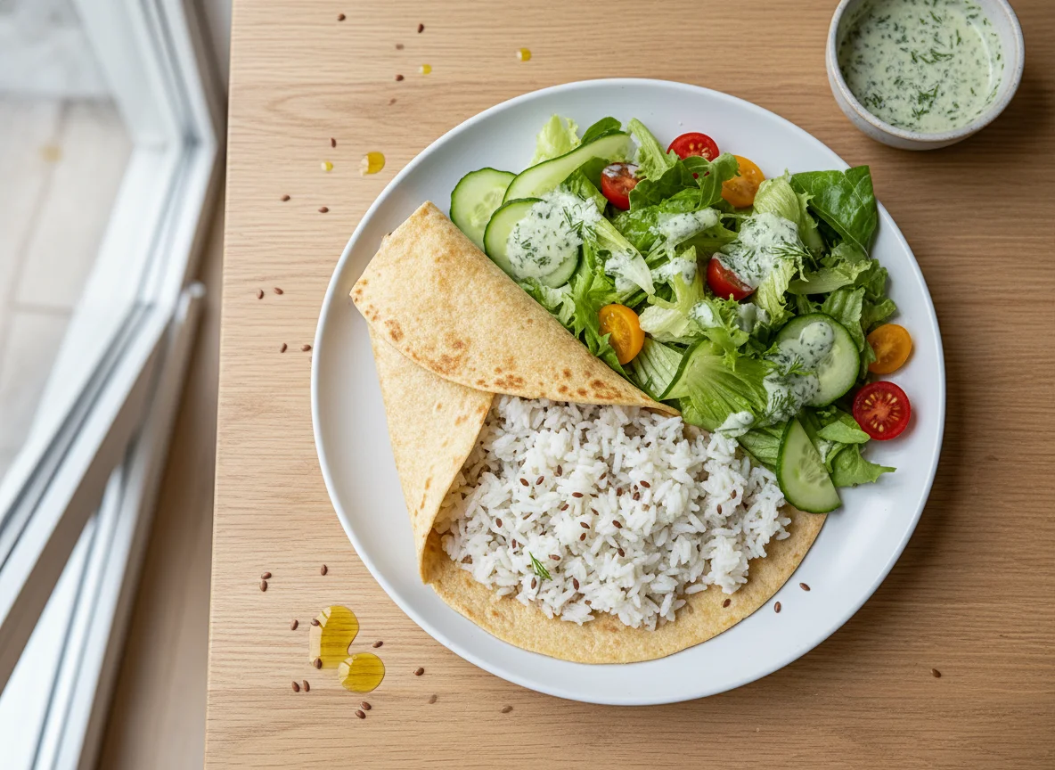 Tortilla mit Reis und Salat photo