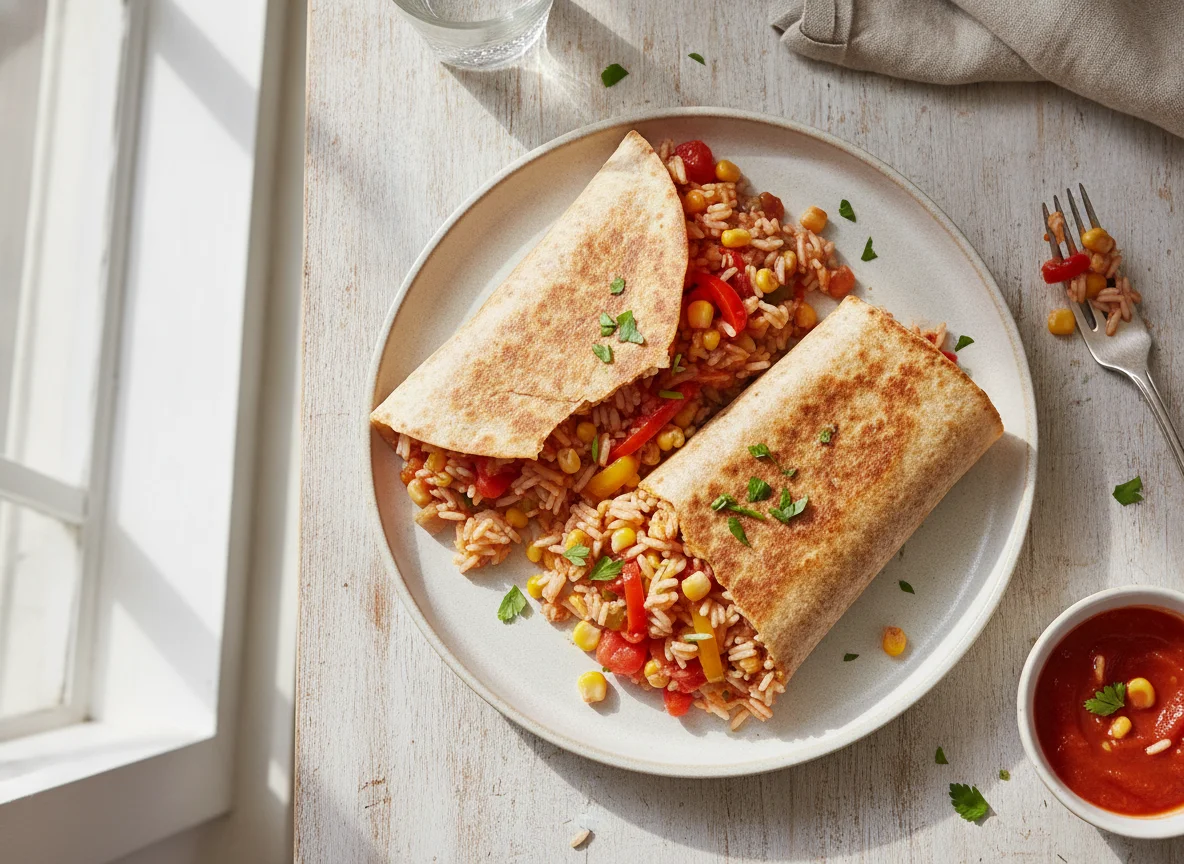 Tortilla mit Reis-Gemüse-Füllung photo