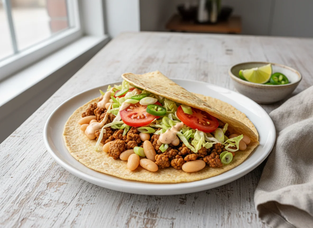 Tortilla mit Sojagranulat und Bohnen photo