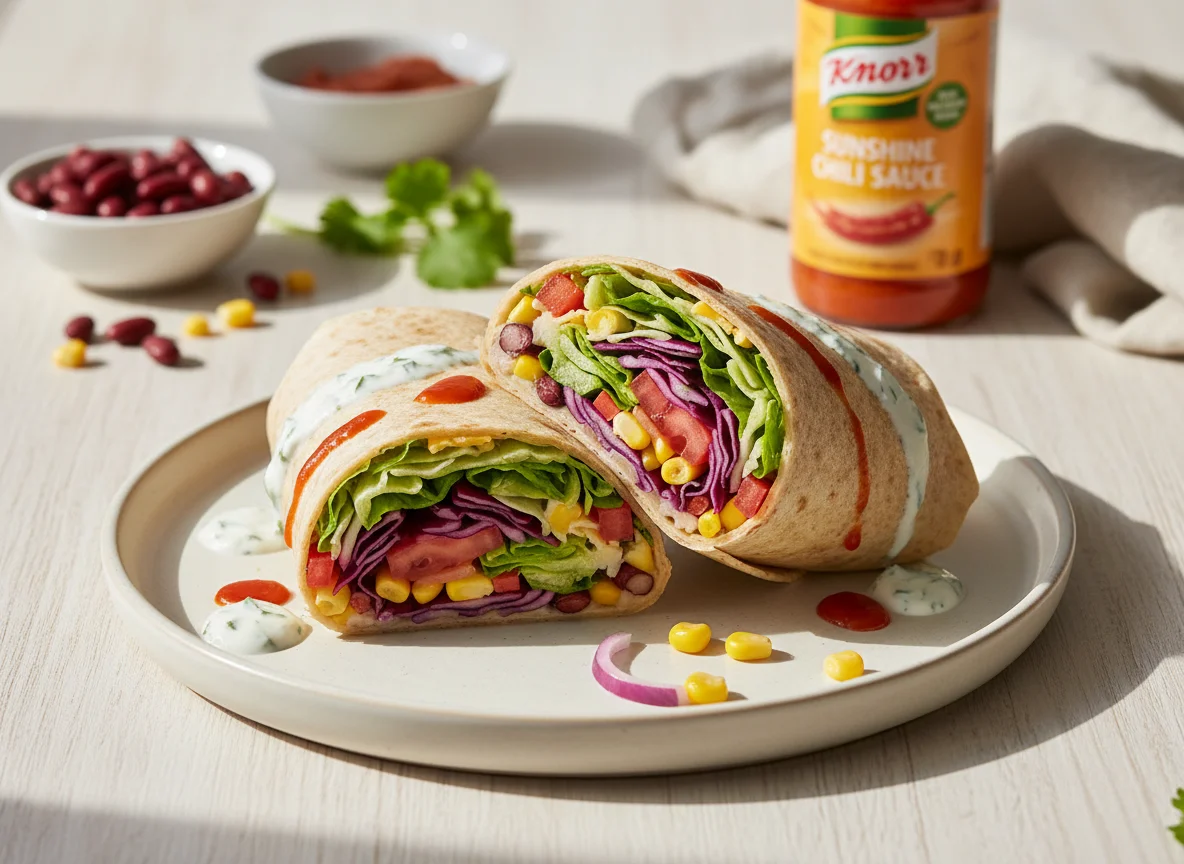 Tortilla Wrap mit Bohnen, Mais und Salat photo